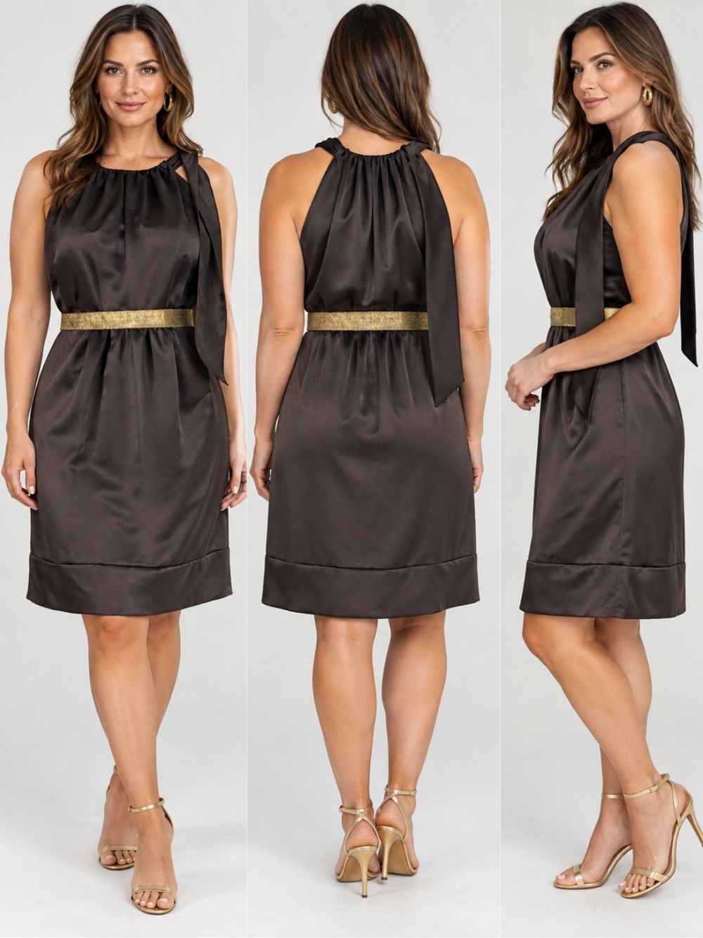 Vera Wang Maids Chocolate Brown Satin Sleeveless Cocktail Dress Size 12 NWT